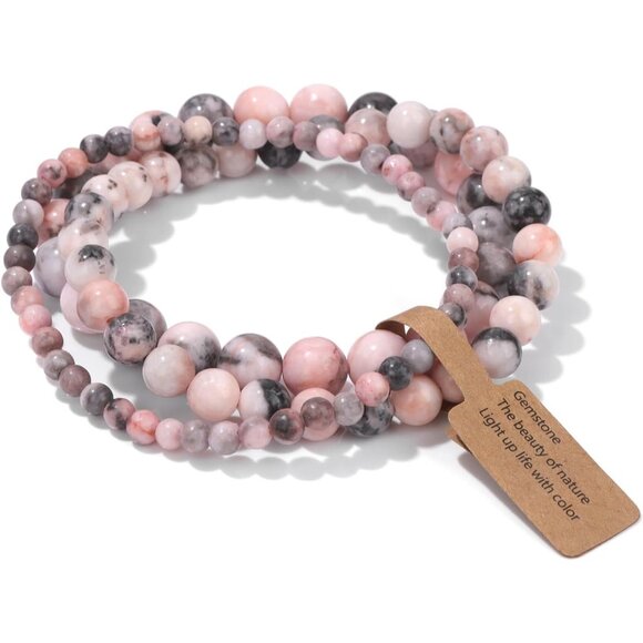 3 PCS 4,6,8mm Pink Zebra Healing Natural Stone Beaded Stretch Bracelet for Women - Picture 1 of 6